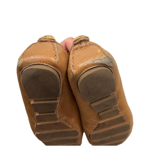 Tory Burch Camel PENNIE LOAFERS Pebble Leather Gold Slip-On Career‎ Womens 9M - Picture 9 of 13